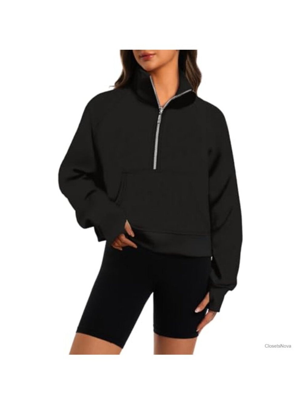 Half Zip Cropped Fleece Pullover Sweatshirt Thumb Holes Kangaroo Pocket